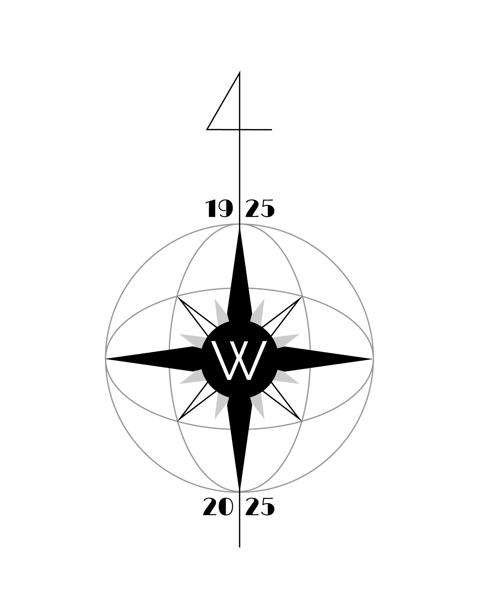 Compass rose from the map in the previous column.  It is grayscale with a 'W' in the center and the years of the founding of the village and the centennial.
