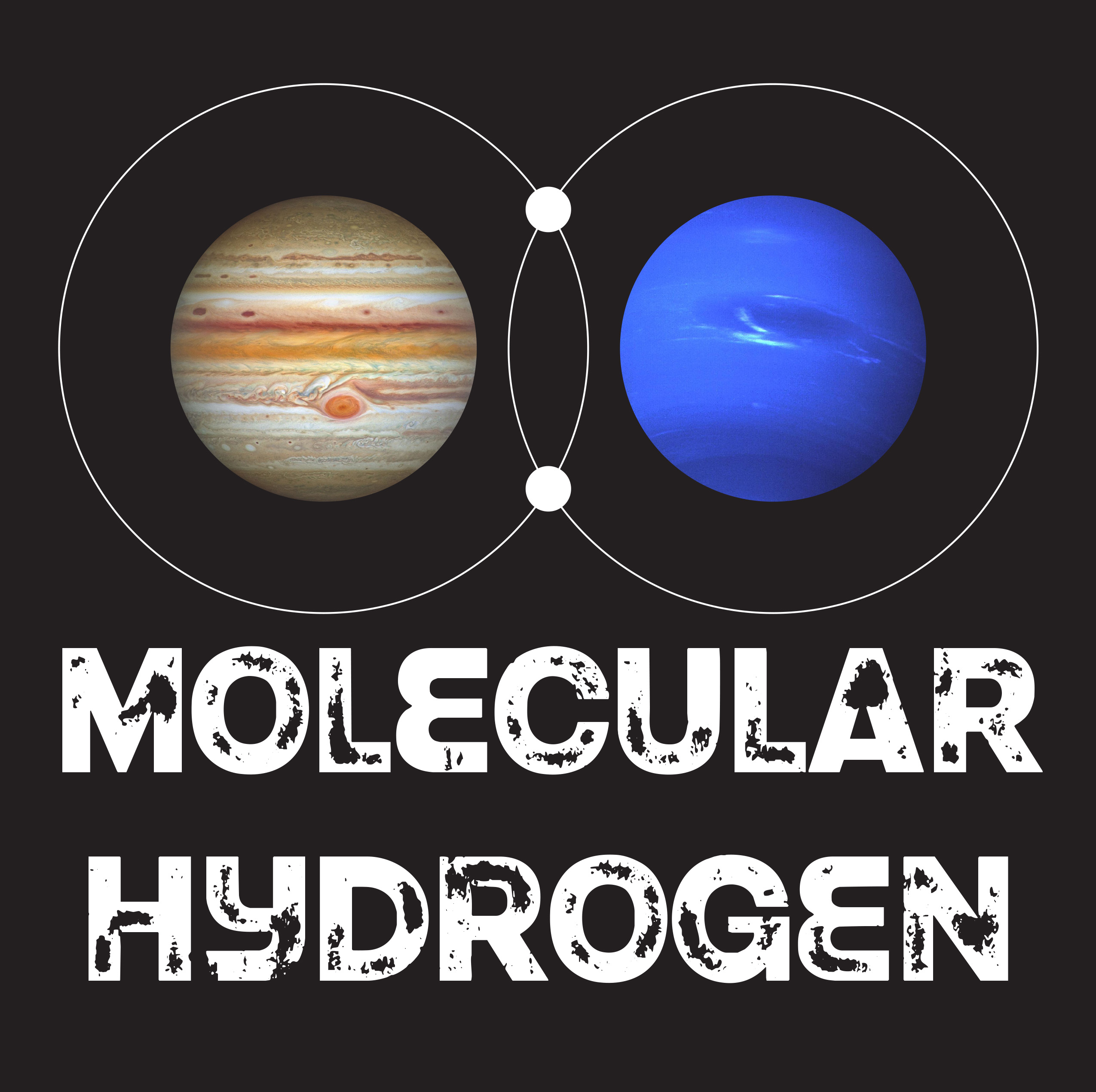 The design is a riff on the molecular diagram for Hydgrogen (H2) with Jupiter and Neptune taking the place of the hydrogen atoms' nuclei. The words 'Molecular Hydrogen' appear on the black background below the image in a white, distressed font.