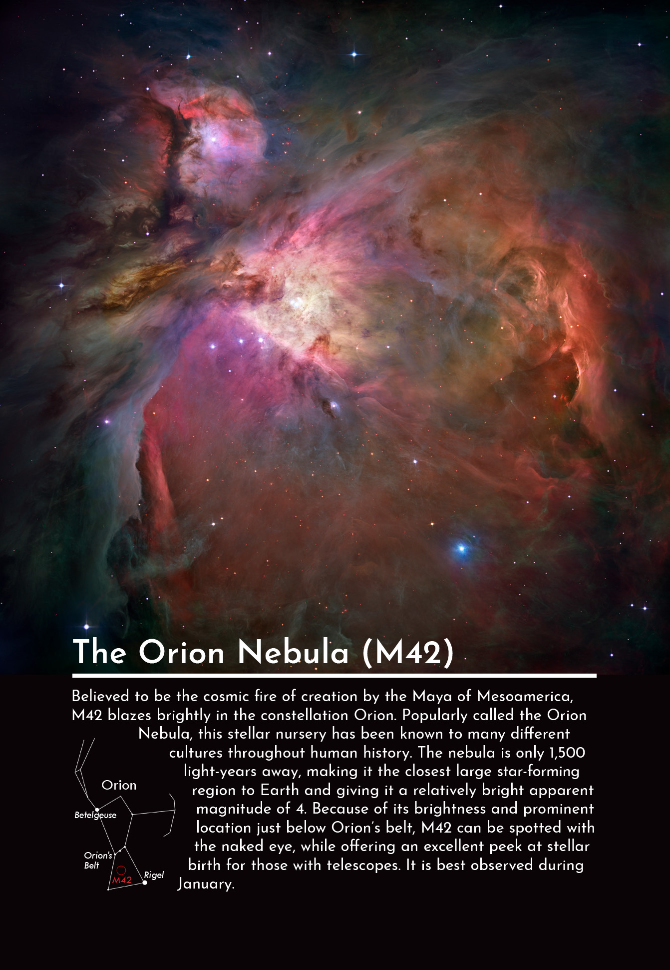 A postcard depicting a telescopic image of the Orion Nebula along with descriptive text and a graphic to assist in locating the phenomenon in the night sky in relation to the constellation Orion.