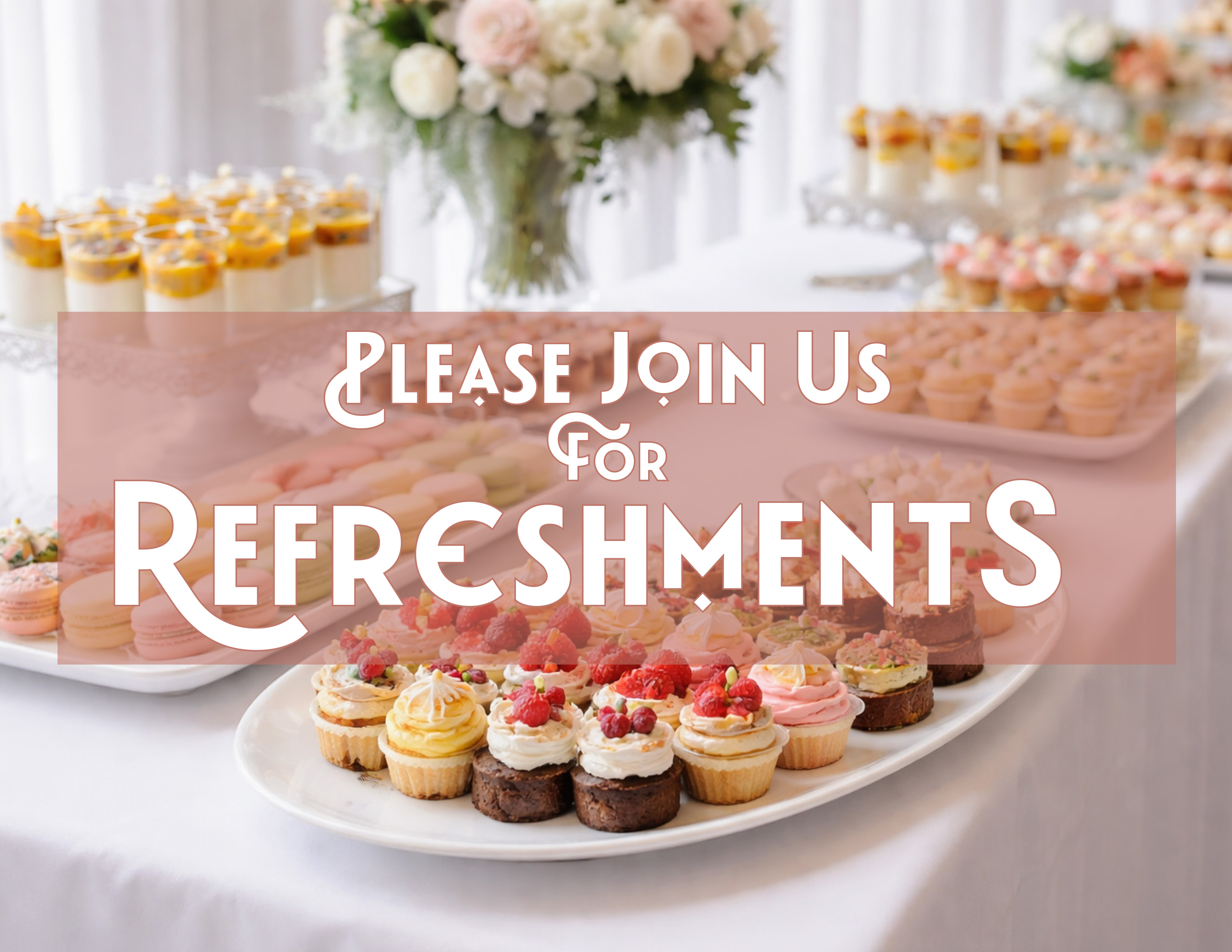 The graphic has an AI-generated photo of fancy desserts on a white linen tablecloth. The text reads 'Please Join Us for Refreshements' in an art deco style font on top of a semi-transparent pink frame.
