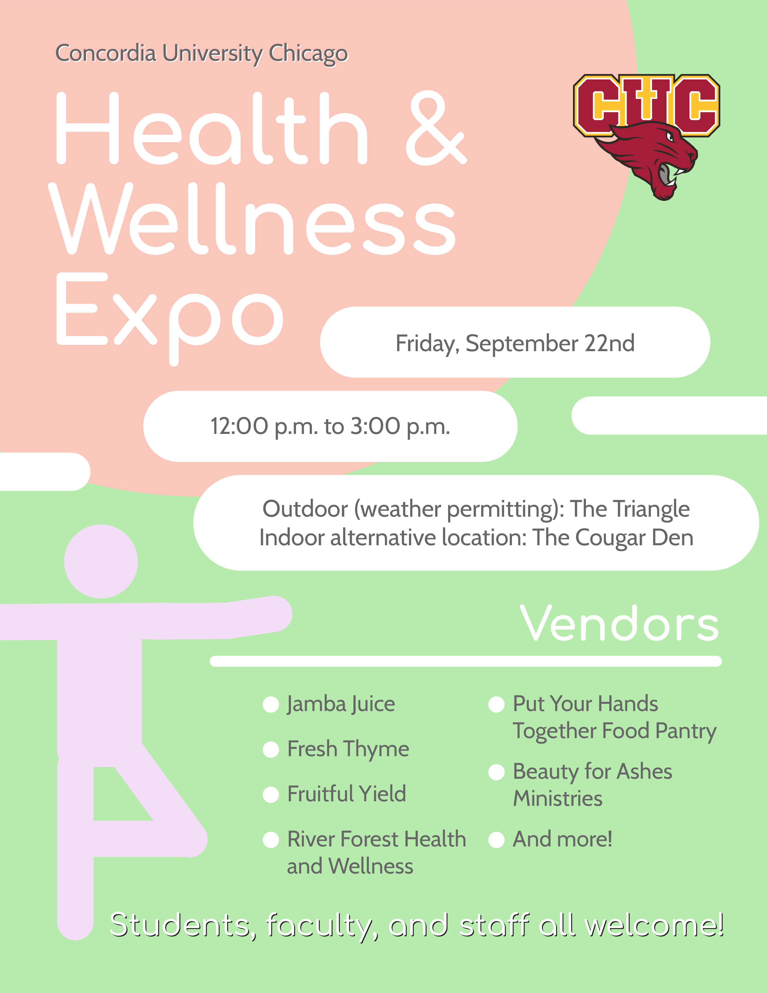 A poster with soft pastel colors advertizing a wellness fair on a college campus. In the bottom left there is a stick figure performing the tree yoga pose. Event details are superimposed on oval cloud shapes reminiscent of clouds in Japanese Ukio-e prints.