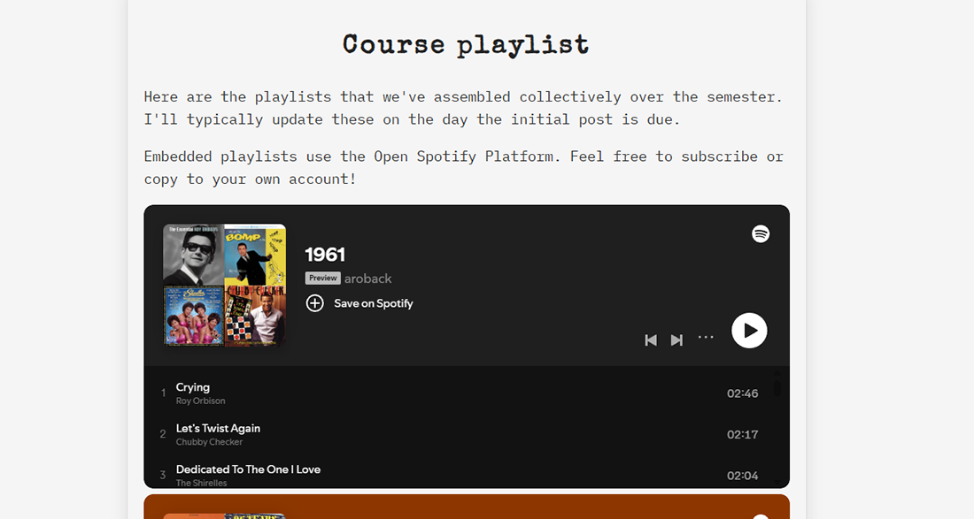 A screenshot of the Course Playlist site with a brief description and the first iFrame containing one of the playlists I created from my students' musical selections.
