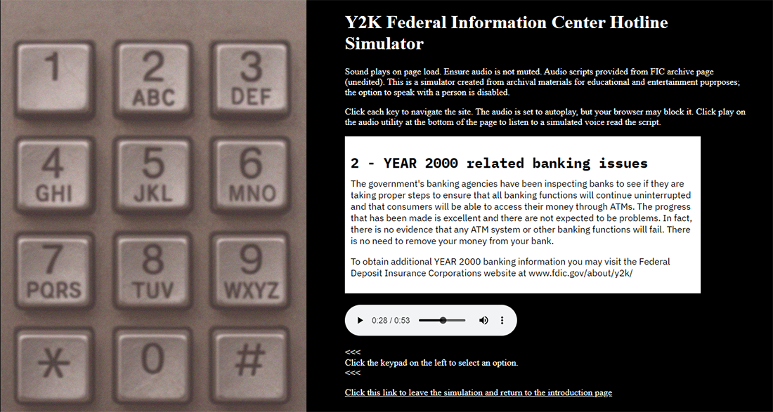 A screenshot of the Y2K Hotline Simulator website depicting one of the menu options.